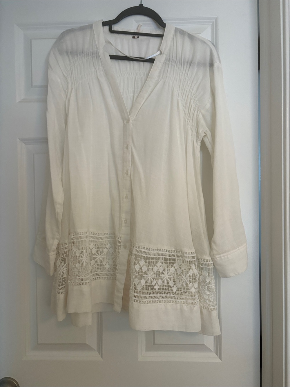 Free People Cream Button-Front Tunic with Crochet Hem
